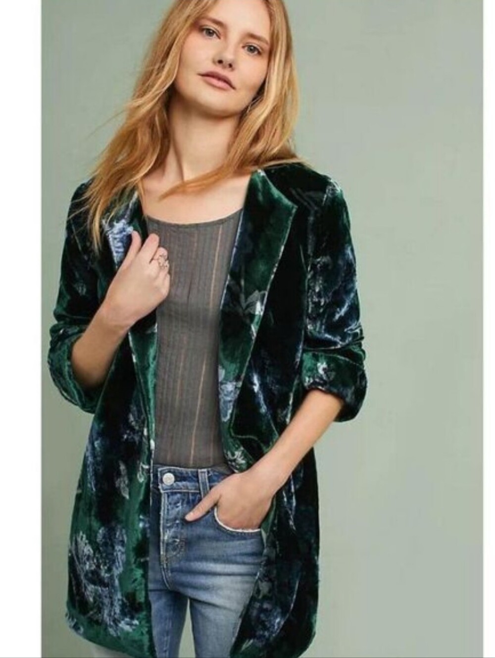 Eva Franco Emerald & Blue Velvet Open-Front Blazer Glam Holiday Size Large